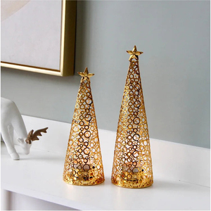Golden Finish Cone Christmas <b>Tree</b> Candle Holders Hollow Metal Design With <b>Star</b> Topper <b>For</b> Holiday Table Decor & Winter Gifting - Product Image 1