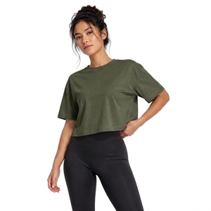 Top Corto Verde Oliva para Mujer, Cuello Redondo, Manga Corta, Corte Holgado, Color Sólido, Tejido de Punto, Informal, para Todas las Temporadas - Product Image 1