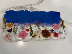 Blue & Gold Resin Tray with Real <b>Pressed</b> <b>Flowers</b> Handmade Blue Gold Resin Serving Tray Marble Effect Decorative Platter - Product Image 6
