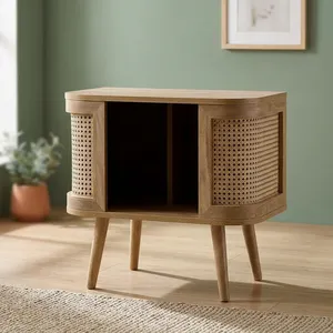 Table de chevet en bois massif et rotin tressé à la main, meuble de rangement compact pour salon et chambre à coucher - Product Image 4