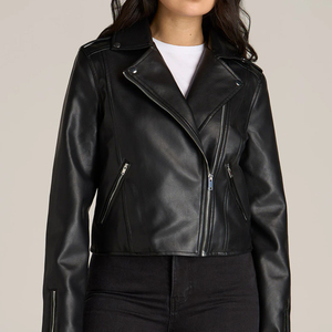 Women's PU Leather Moto <b>Jacket</b> Stand Collar Zipper Closure Full Sleeve Solid Black Regular Fit Autumn Style - Product Image 2