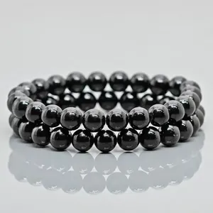 Natural Black Tourmaline Smooth Round AA Grade Gemstone Beads Stretch <b>Bracelet</b> Healing Jewelry Wholesale - Product Image 2