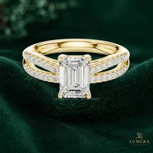 Elegant Emerald Cut Lab Grown Diamond Engagement <b>Ring</b>, Double Row <b>Split</b> Pave Diamond Shoulders Open Basket Prong Setting <b>Ring</b> - Product Image 2