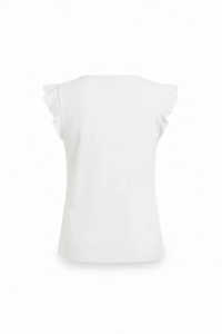 T-shirt court basique pour femme, sans manches, à volants aux épaules, col en V, blanc, style boutonné, pour la vente en ligne - Product Image 2