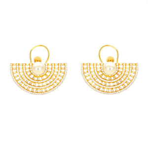 14k Gold Plated Half Circle Moissanite and Pearl Stud Earrings IGI Certified Trendy Gift - Product Image 1