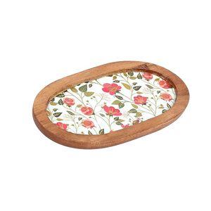 Floral Wood Decorative Tray Oval Serving Board <b>Vintage</b> Table Display Platter with Wooden Border - Product Image 1