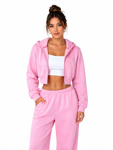 Conjunto de Sudadera Corta con Capucha y Pantalones Jogger de Forro Polar Rosa Personalizado de Lujo para Mujer, Chándal de 2 Piezas de Forro Polar Grueso Liso - Product Image 3