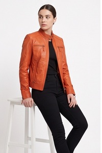 Chaqueta Moto de Cuero Genuino Naranja para Mujer al por Mayor, Cortavientos, Ecológica, Ajustada, con Cuello Mandarín, Cremallera Completa Personalizada, Ligera - Product Image 2