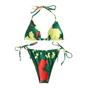 Women Printed Bikini Set Triangle Top Tie Side Bottom Two Piece Swimwear Green Floral Beachwear Summer Wholesale - Product Image 1