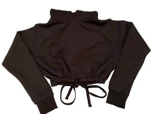 Sweat-shirt court à capuche noir pour femme, manches longues, en coton tricoté, couleur unie, pour l'automne - Product Image 2