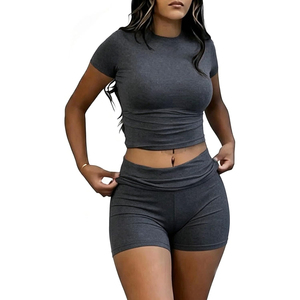 Two Piece Yoga Set Crew Neck Crop Top High Waist <b>Shorts</b> Solid Color <b>Ruched</b> Seamless Stretchable Quick Dry - Product Image 4
