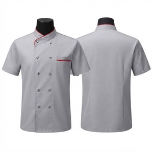 Veste de chef unisexe 200 GSM en tissu polycoton premium blanc/gris à manches courtes, double boutonnage, bordure rouge, broderie de logo personnalisée - Product Image 1