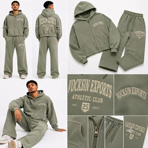Conjunto Deportivo VOCKSIN para Hombre, Sudadera con Capucha Extra Grande Color Verde Salvia y Pantalones Anchos, 100% Algodón, Forro Polar Transpirable para Invierno - Product Image 3