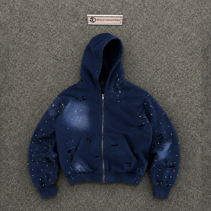 Sudadera con capucha vintage azul marino desgastada con cremallera, estilo urbano oversize, de tejido grueso, con efecto descolorido, estilo grunge, rasgada, con salpicaduras de pintura, unisex, French Terry - Product Image 5