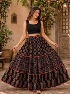 Black <b>Red</b> White Printed Cotton <b>Lehenga</b> Floor Length Loose Fit Women Ethnic Bottomwear India Pakistan Party Wear - Product Image 2
