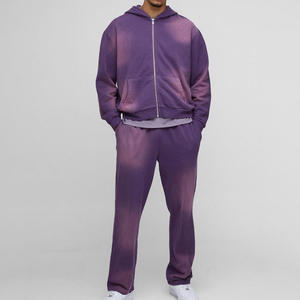 Ensemble de survêtement unisexe en molleton de coton délavé OEM de haute qualité – Survêtement zippé pour homme avec sweat à capuche et pantalon - Product Image 4