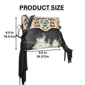 Nouveau sac à bandoulière en cuir de vachette véritable, style western, avec franges, motif floral gravé à la main, accent turquoise, pour femme - Product Image 2