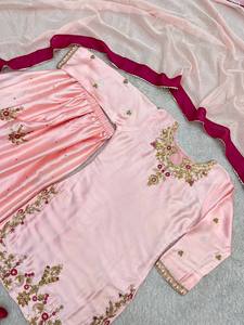 Pink Embroidered <b>Silk</b> <b>Kurta</b> Set With Net Dupatta Women Traditional Ethnic Indian Pakistani Wedding Wear Loose Fit Ankle-Length - Product Image 4