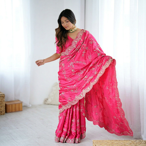 Sari indien élégant en satin de soie avec broderie de sequins, idéal pour les mariages et les fêtes traditionnelles, drapé avec accents roses HK 80 DC - Product Image 3