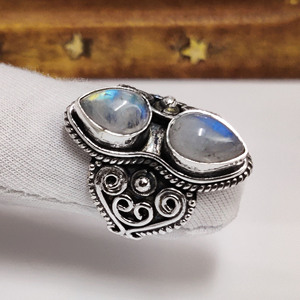 Bague en pierre de lune, argent sterling 925, pierre de lune arc-en-ciel naturelle, bijoux de mariage - Product Image 1