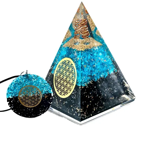 Orgonite Orgone Blue Onyx & Black Tourmaline FOL Nubian Pyramid With Charge Crystal Point & Pendant From Amayra Crystals Exports
