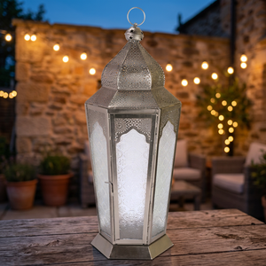 Refined <b>Silver</b> Metal Moroccan <b>Lantern</b> with Frosted Embossed Glass Decorative Candle Holder for Ramadan Home Decor - Product Image 1