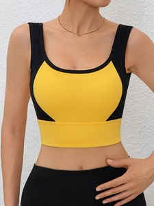 Ladies Colorblock Active <b>Top</b> Rib Knit Fitness <b>Crop</b> Vest Wide Band High Stretch Running Training Padded Athletic Bra - Product Image 5