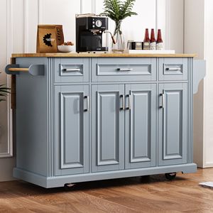 Carrello da Cucina Grande da 54 Pollici con 4 Ante, Texture 3D Goffrata, 4 Ruote, in Legno di Gomma, per Isola Cucina - Product Image 2