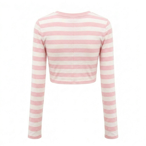 Trendy pink white stripe <b>crop</b> T Shirt long sleeve Quick Dry lightweight summer <b>top</b> causal wear street style wholesale bulk - Product Image 2