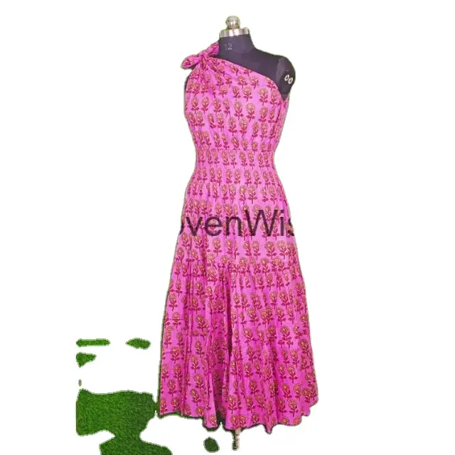 Vestido maxi de algodón con estampado floral para mujer, vestido largo indio para mujer, vestido de fiesta de algodón con un hombro y un lado