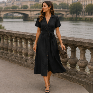 Robe chemise décontractée mi-longue à manches courtes, col en V, boutonnée sur le devant, avec ceinture à nouer - Product Image 1