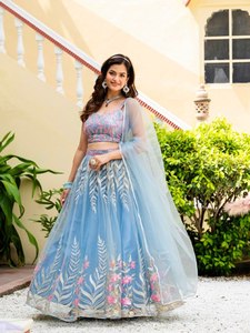 Magnifique Lehenga Choli en résille bleu ciel avec broderies, idéal pour les réceptions - Product Image 1