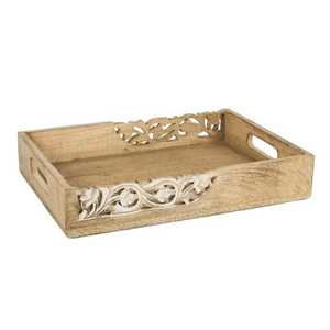 Natural Wood Rectangular <b>Tray</b> with Handles Decorative Organizer & Serving <b>Tray</b> Carved Design for Home Decor - Product Image 1