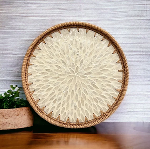 Rattan Mother of Pearl Classic Round <b>Storage</b> Tray <b>Stackable</b> Dishwasher Safe & Sustainable for Multi-Room Use - Product Image 2