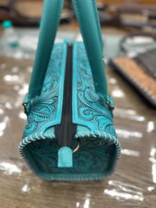 Hand-<b>Tooled</b> Turquoise Genuine <b>Leather</b> Luxury Animal Print Western Speedy Purse Handmade Vintage Zipper Handbag - Product Image 3