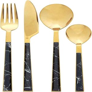 Ensemble de couverts dorés avec manches en marbre foncé, couverts de luxe compatibles lave-vaisselle, ensemble de couverts pour mariage, cuillère, fourchette, couteau, vaisselle pour la maison - Product Image 1