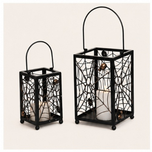 Set of 2 Decorative Black Metal Halloween <b>Lanterns</b> with Intricate Spider Web Punch Detail Powder Coated Iron Candle Holder - Product Image 1