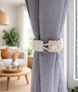 Handmade Cotton Rope Curtain <b>Tieback</b> – Wooden Bead, Boho Home Decor - Product Image 1