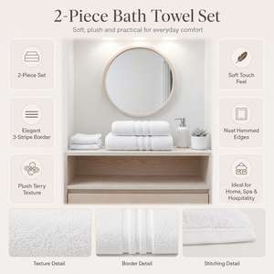Soft Cotton <b>Bath</b> <b>Towels</b> Zero Twist Two Piece <b>Set</b> Sage White Three Stripe Design for Homes Hotel Spas Retail Gifts use adult - Product Image 3