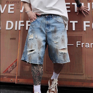 Distressed Knitted <b>Drawstring</b> Solid Mid Waist <b>Mens</b> Denim Shorts Polyester Quick Dry Patchwork Vintage Casual Streetwear - Product Image 5