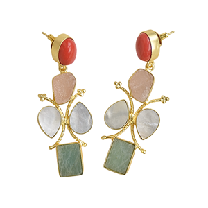 Boucles d'oreilles pendantes artistiques plaquées or avec pierres semi-précieuses, bijoux de mode de créateur en gros - Product Image 2