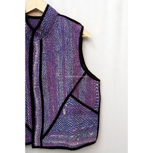 Gilet décontracté pour femme, style vintage, patchwork, col mandarin, respirant, écologique, tricoté à motifs violet et bleu - Product Image 5