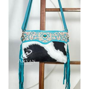 New Genuine Cowhide Western Leather Fringe Bag Hand Tooled Floral Design Turquoise Accent Shoulder Crossbody Handbags for Female - Product Image 1
