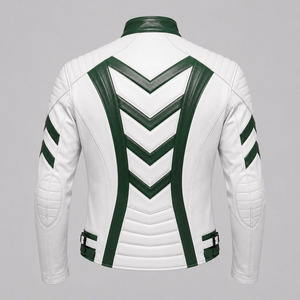 Blouson de moto en cuir PU pour homme, blanc et vert, style color block, col montant, fermeture éclair, coupe slim, coupe-vent, style motard - Product Image 4