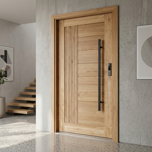 Puerta Kirana Teak Persada, Panel Acanalado de Madera de Teca Moderna, Puerta de Entrada Principal de Madera Minimalista para Interiores, Puertas Arquitectónicas - Product Image 4