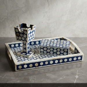 Ensemble de plateaux en mosaïque de coquillages faits à la main, écologiques, en matériaux organiques, porte-bougie, boîte à fleurs, décoration moderne pour la maison, bleu et blanc - Product Image 5