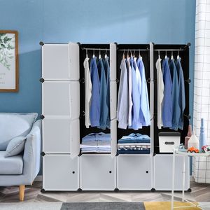 Organiseur 16 cubes, rangement en plastique empilable à 4 niveaux avec 3 tringles à vêtements en fil d'acier, montage facile, blanc - Armoire portable - Product Image 2