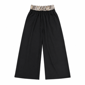 Pantalon large noir pour femme, taille mi-haute, cordon élastique, coupe ample, décontracté, longueur intégrale, tricoté 100% coton, style hiver - Product Image 1