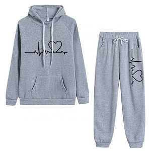 Ensemble de survêtement décontracté unisexe gris écologique 2-en-1 avec sweat à capuche imprimé battement de cœur et pantalon de jogging à manches longues pour l'automne - Product Image 1