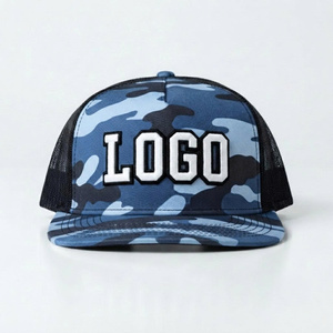 Casquette trucker 5 panneaux en polyester, couleurs camouflage personnalisées, structure structurée avec visière plate, broderie personnalisée, logo 3D, unisexe - Product Image 1